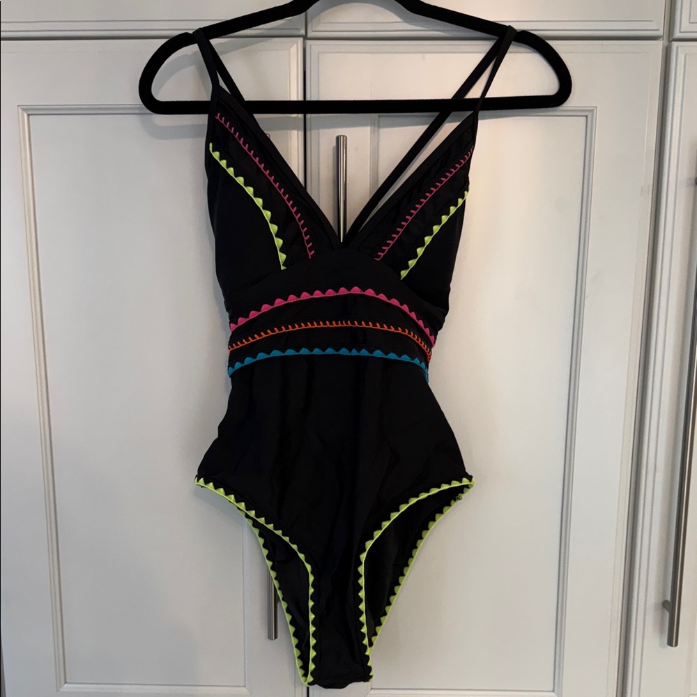 Popvil 💥 Black Swimsuit with Colorful Trim L